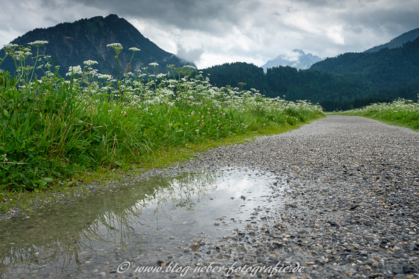 Pfütze und Regenwolken im Allgäu